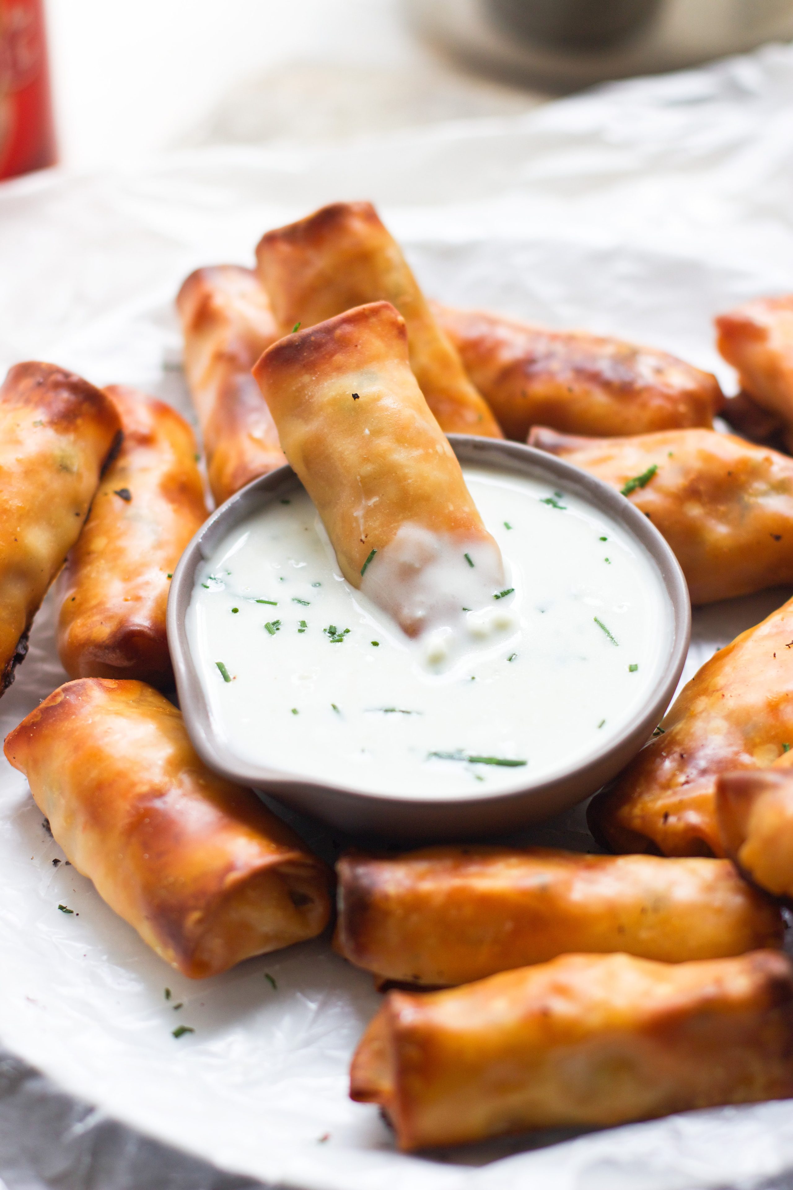 Baked Mini Buffalo Chicken Egg Rolls with Blue Cheese Sauce - Cooking